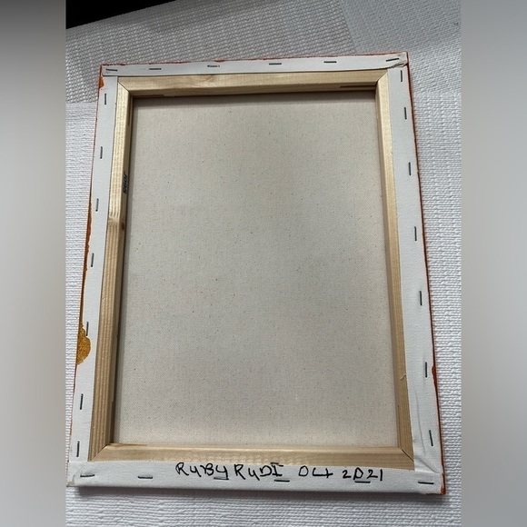 Original Art Painting Artwork Acrylic on Canvas Woman with bird Teal & Orange - Picture 5 of 9